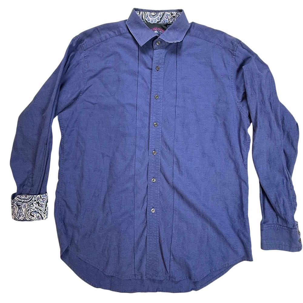 Robert Graham Mens Purple Micro Check Jacquard Paisley Trim Button Down Shirt L